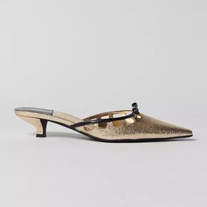 New Jeffrey Campbell Solitude Pointed Kitten Heels Mules Gold Black Womens 6.5